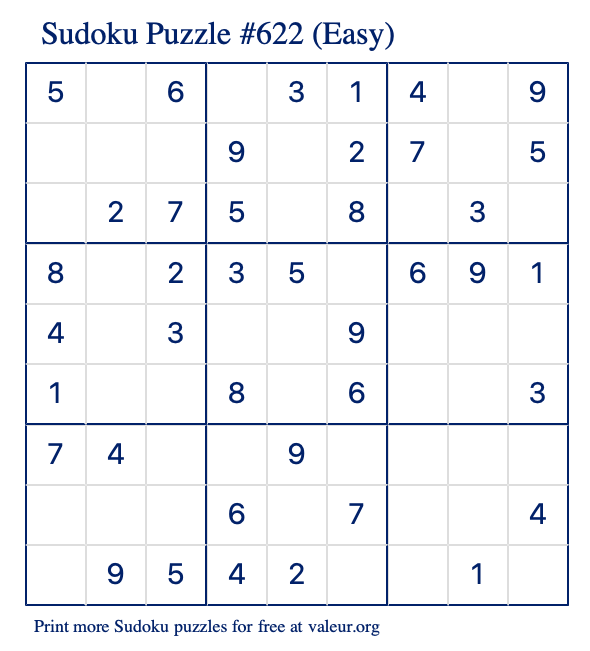 Free Printable Easy Sudoku Puzzle number 622