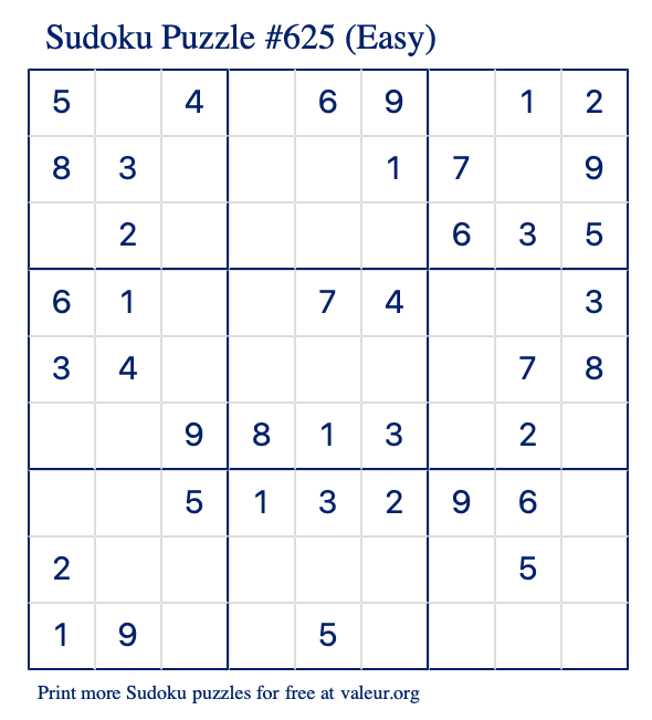 Free Printable Easy Sudoku Puzzle number 625