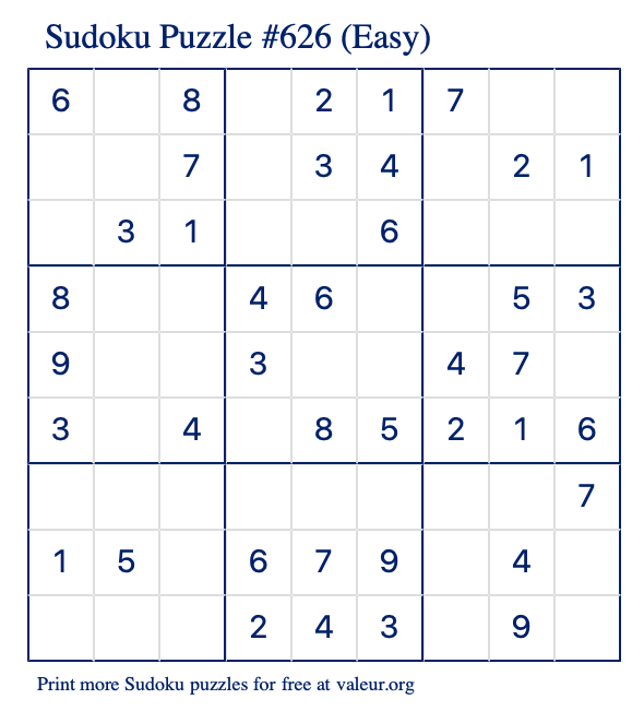 Free Printable Easy Sudoku Puzzle number 626