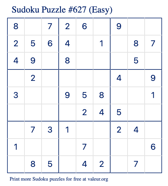 Free Printable Easy Sudoku Puzzle number 627