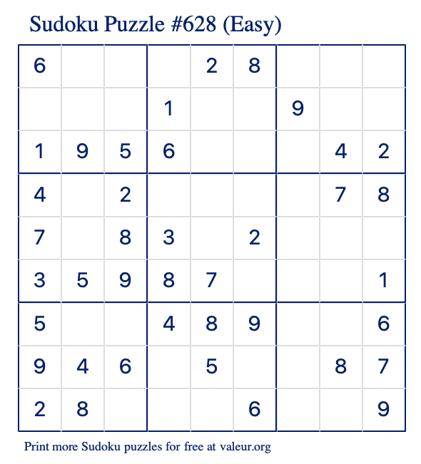 Free Printable Easy Sudoku Puzzle number 628