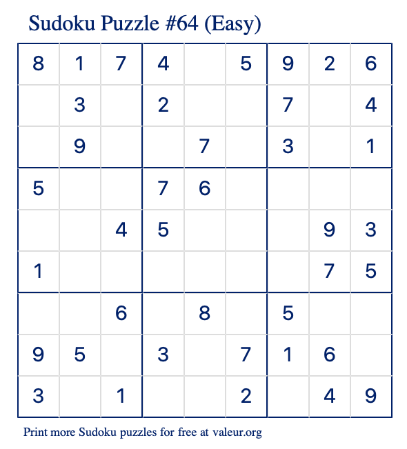 Free Printable Easy Sudoku Puzzle number 64