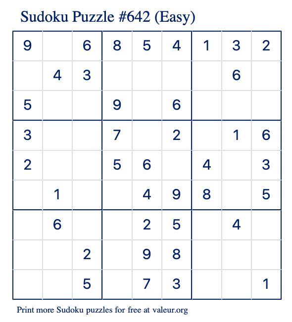 Free Printable Easy Sudoku Puzzle number 642