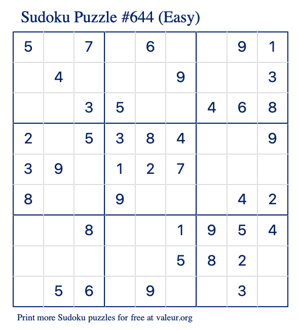 Free Printable Easy Sudoku Puzzle number 644