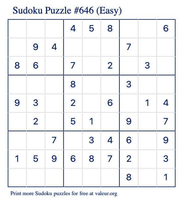 Free Printable Easy Sudoku Puzzle number 646