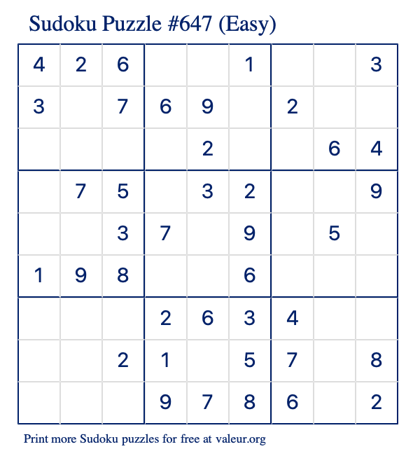 Free Printable Easy Sudoku Puzzle number 647