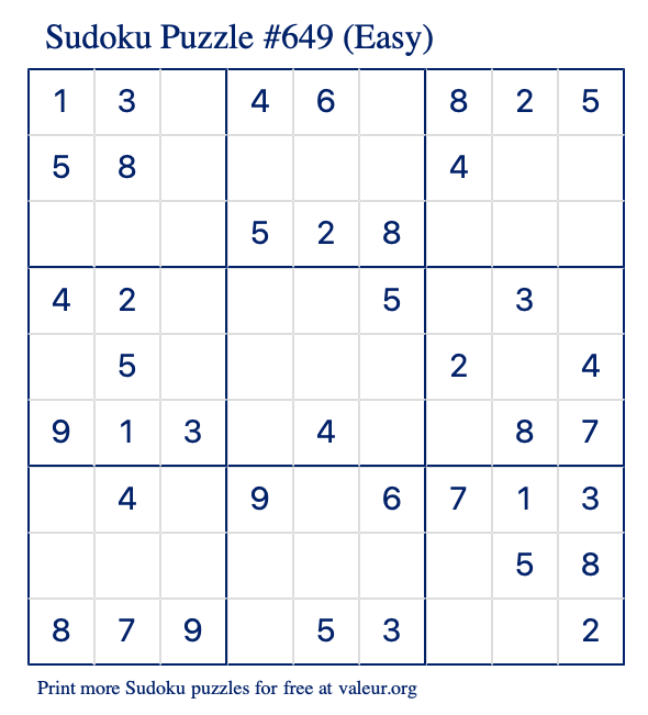 Free Printable Easy Sudoku Puzzle number 649