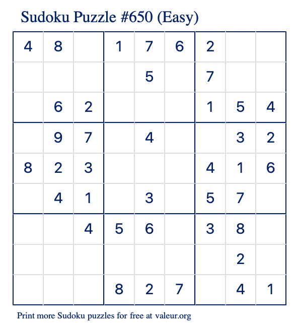 Free Printable Easy Sudoku Puzzle number 650