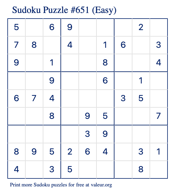 Free Printable Easy Sudoku Puzzle number 651