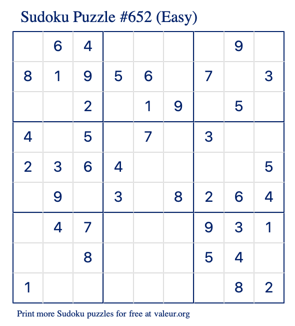 Free Printable Easy Sudoku Puzzle number 652
