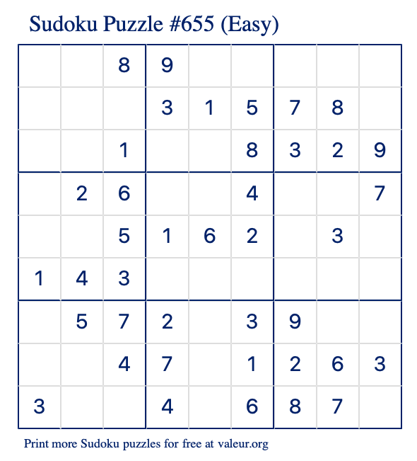 Free Printable Easy Sudoku Puzzle number 655
