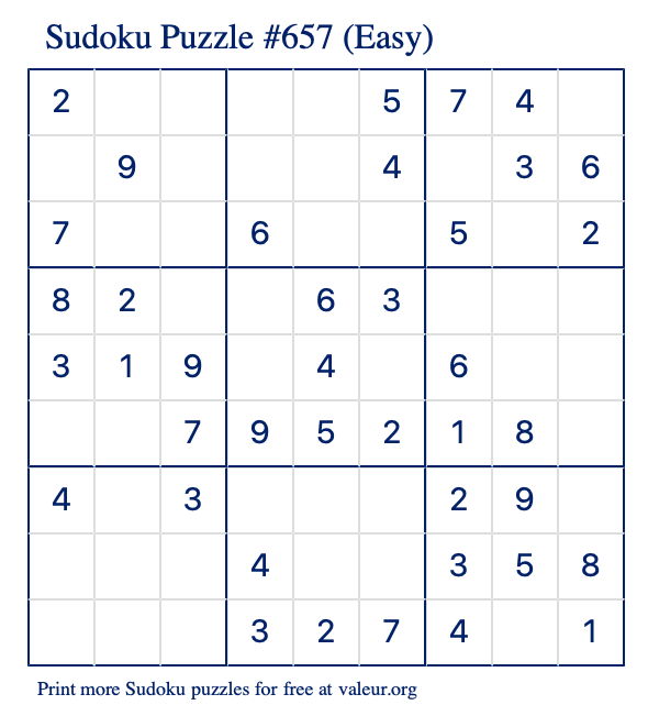 Free Printable Easy Sudoku Puzzle number 657