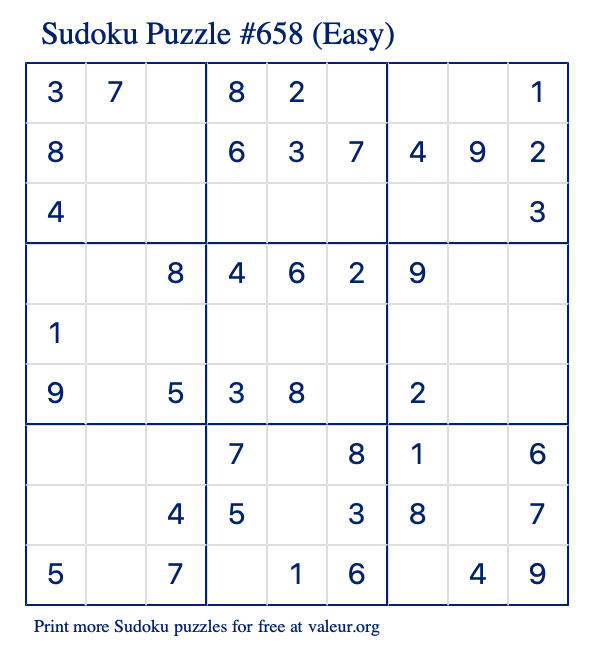 Free Printable Easy Sudoku Puzzle number 658