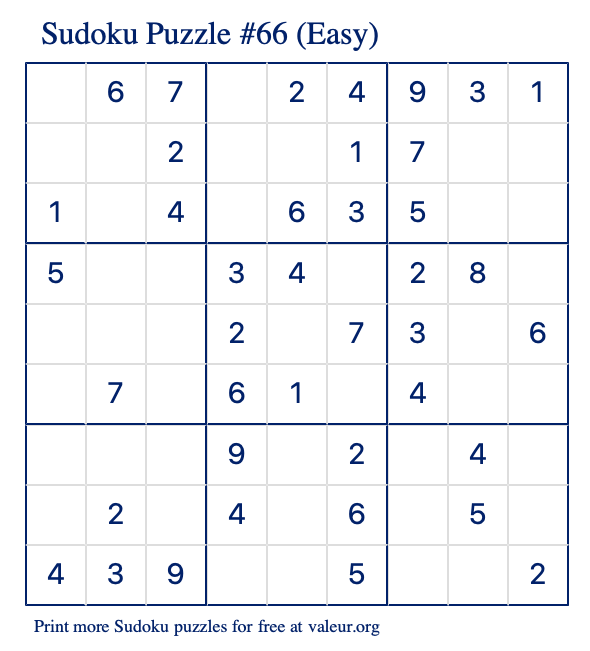 Free Printable Easy Sudoku Puzzle number 66