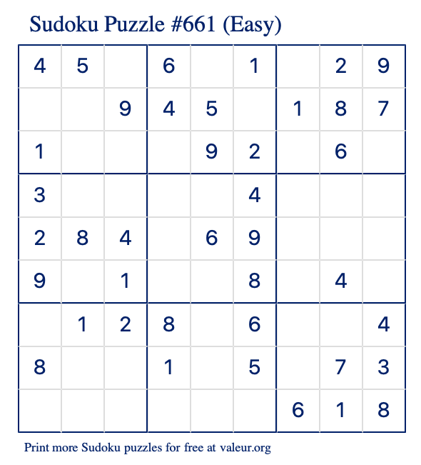 Free Printable Easy Sudoku Puzzle number 661