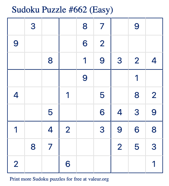 Free Printable Easy Sudoku Puzzle number 662