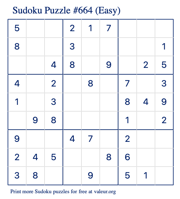 Free Printable Easy Sudoku Puzzle number 664