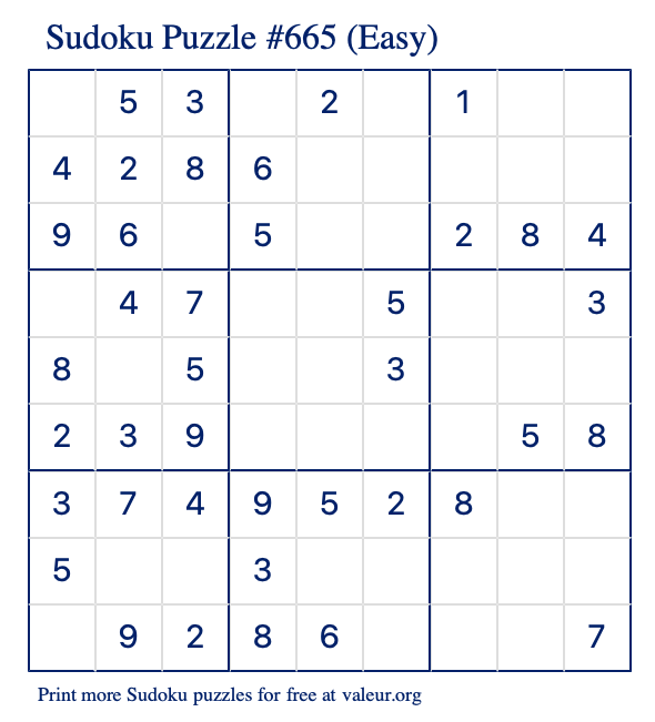 Free Printable Easy Sudoku Puzzle number 665