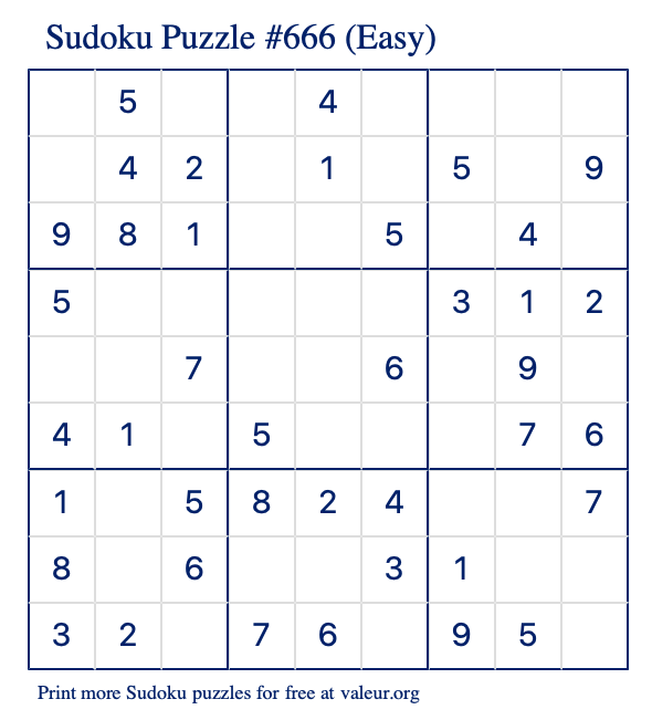 Free Printable Easy Sudoku Puzzle number 666
