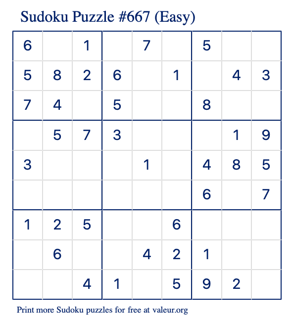 Free Printable Easy Sudoku Puzzle number 667