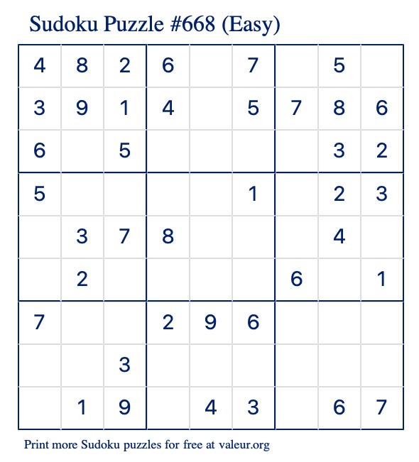 Free Printable Easy Sudoku Puzzle number 668