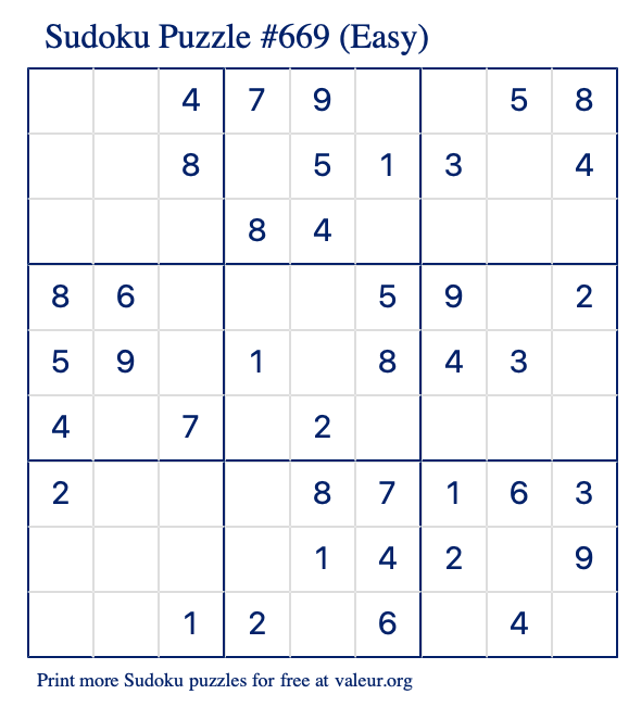 Free Printable Easy Sudoku Puzzle number 669