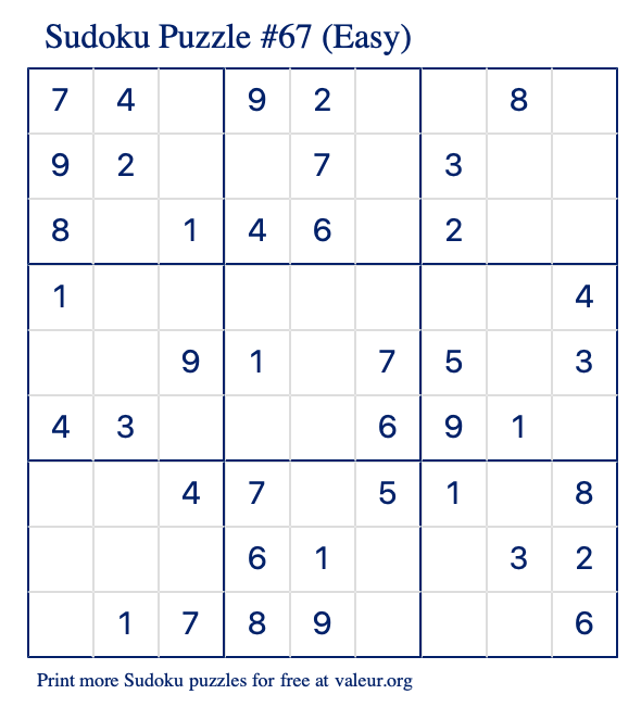 Free Printable Easy Sudoku Puzzle number 67