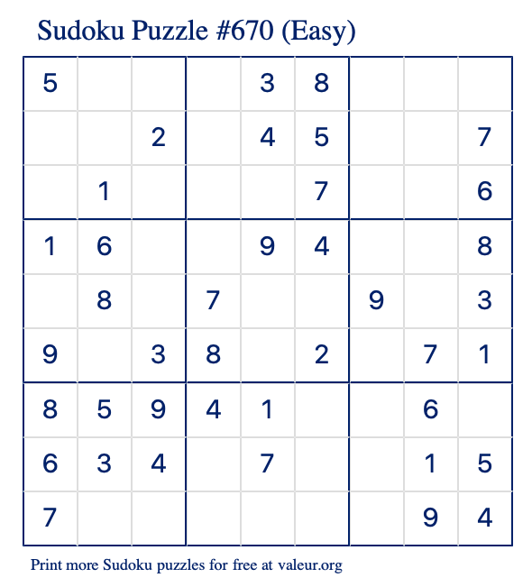 Free Printable Easy Sudoku Puzzle number 670