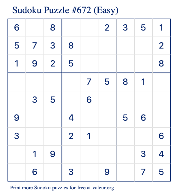 Free Printable Easy Sudoku Puzzle number 672