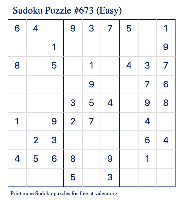 Free Printable Easy Sudoku Puzzle number 673