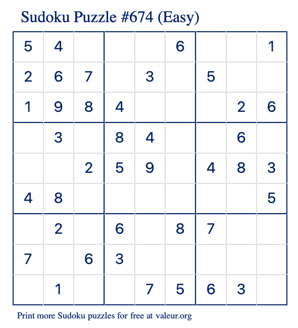 Free Printable Easy Sudoku Puzzle number 674