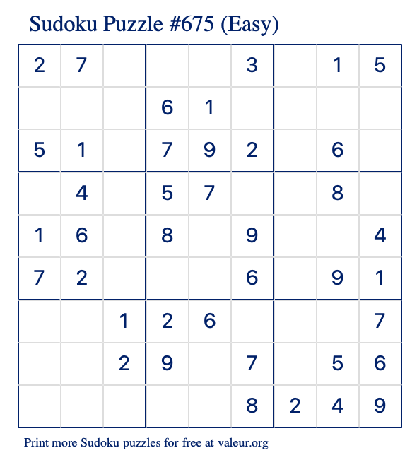 Free Printable Easy Sudoku Puzzle number 675