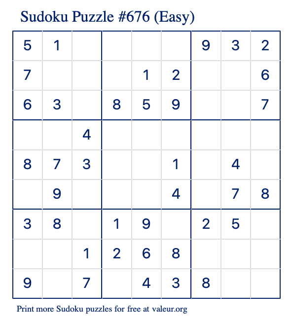 Free Printable Easy Sudoku Puzzle number 676