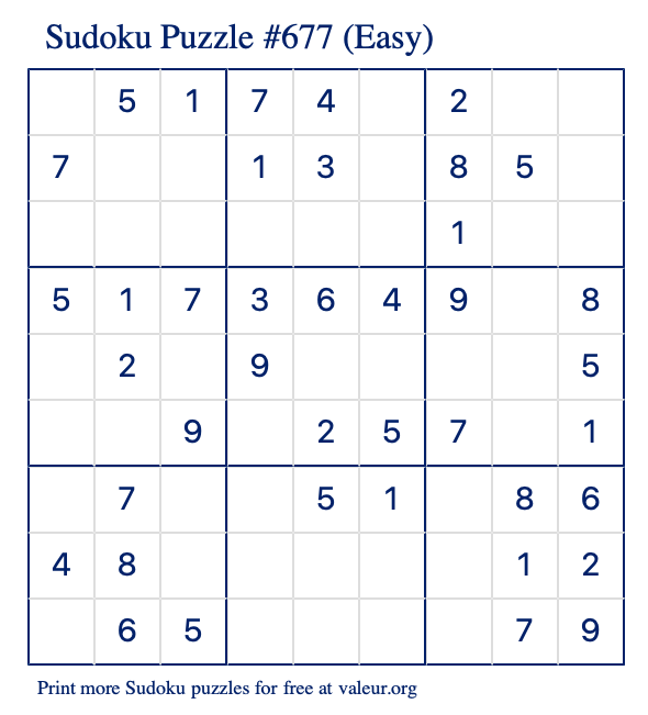 Free Printable Easy Sudoku Puzzle number 677