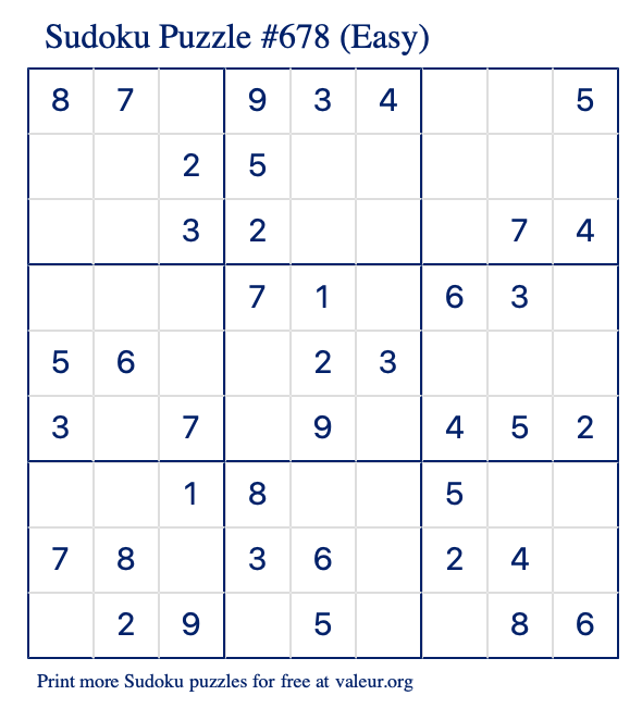 Free Printable Easy Sudoku Puzzle number 678