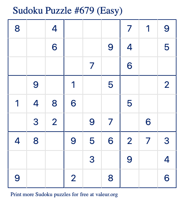 Free Printable Easy Sudoku Puzzle number 679