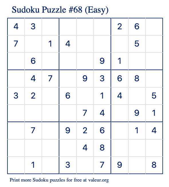 Free Printable Easy Sudoku Puzzle number 68