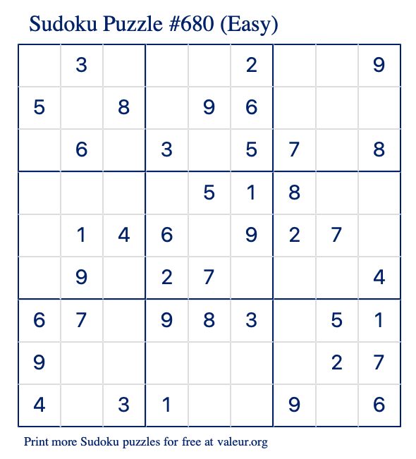 Free Printable Easy Sudoku Puzzle number 680