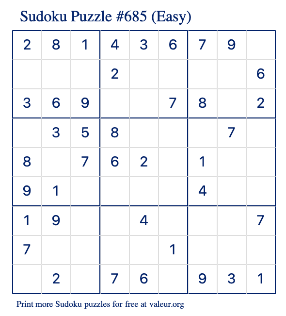 Free Printable Easy Sudoku Puzzle number 685