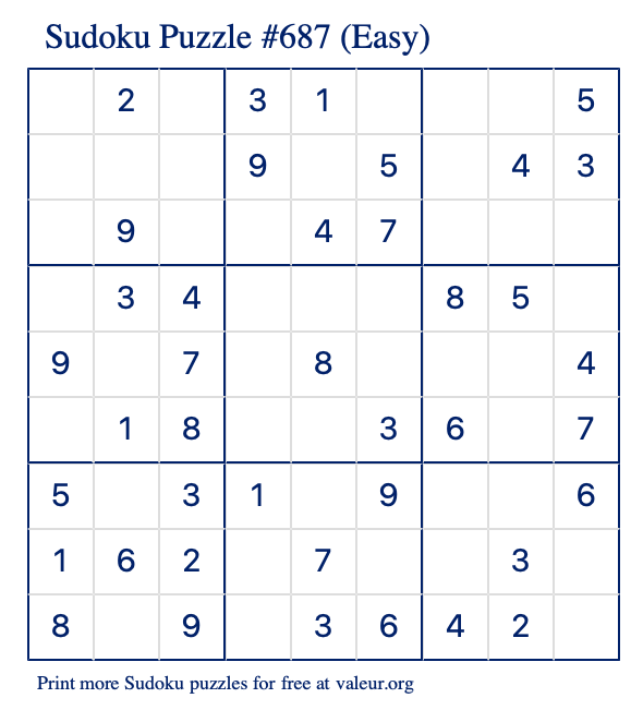 Free Printable Easy Sudoku Puzzle number 687