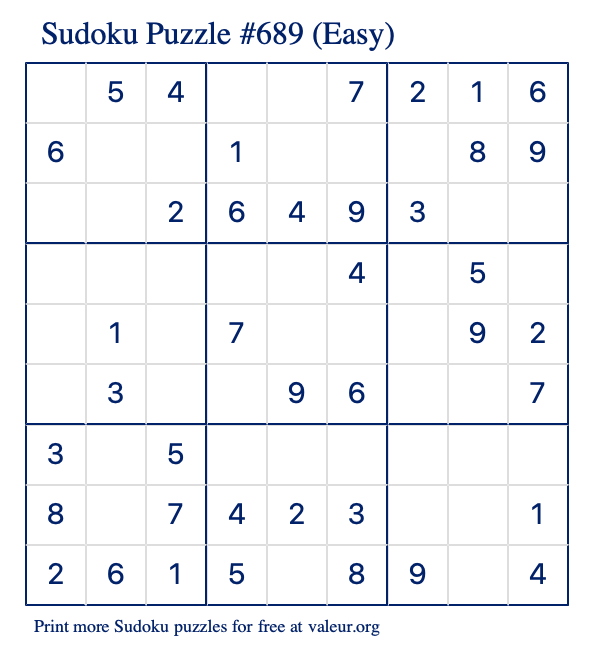 Free Printable Easy Sudoku Puzzle number 689