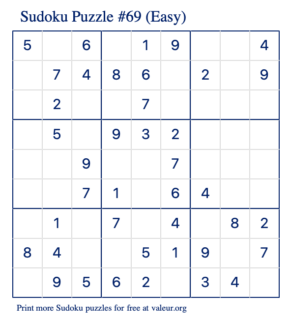 Free Printable Easy Sudoku Puzzle number 69