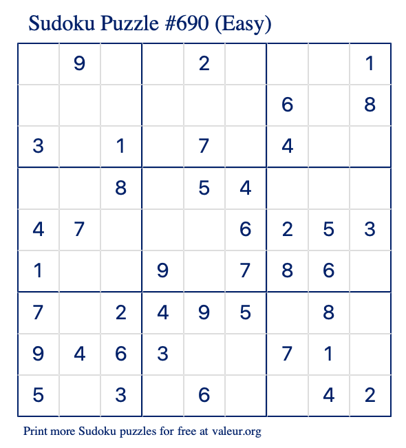 Free Printable Easy Sudoku Puzzle number 690