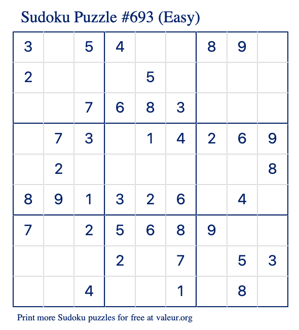 Free Printable Easy Sudoku Puzzle number 693