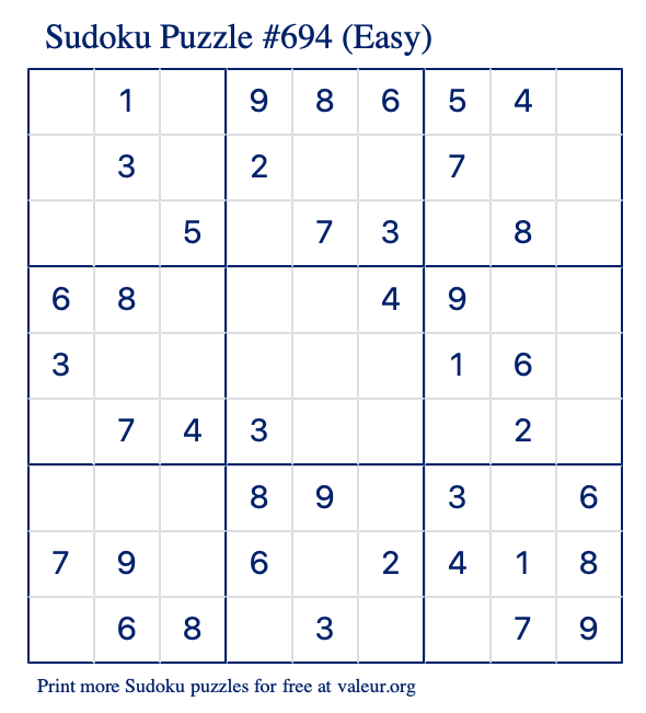 Free Printable Easy Sudoku Puzzle number 694