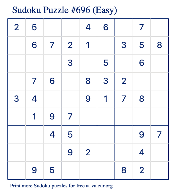 Free Printable Easy Sudoku Puzzle number 696