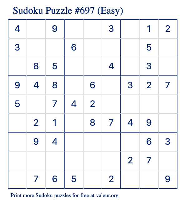 Free Printable Easy Sudoku Puzzle number 697