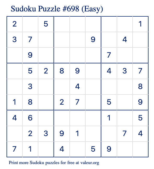 Free Printable Easy Sudoku Puzzle number 698