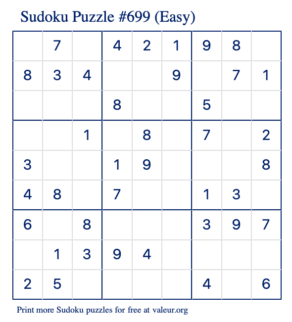 Free Printable Easy Sudoku Puzzle number 699