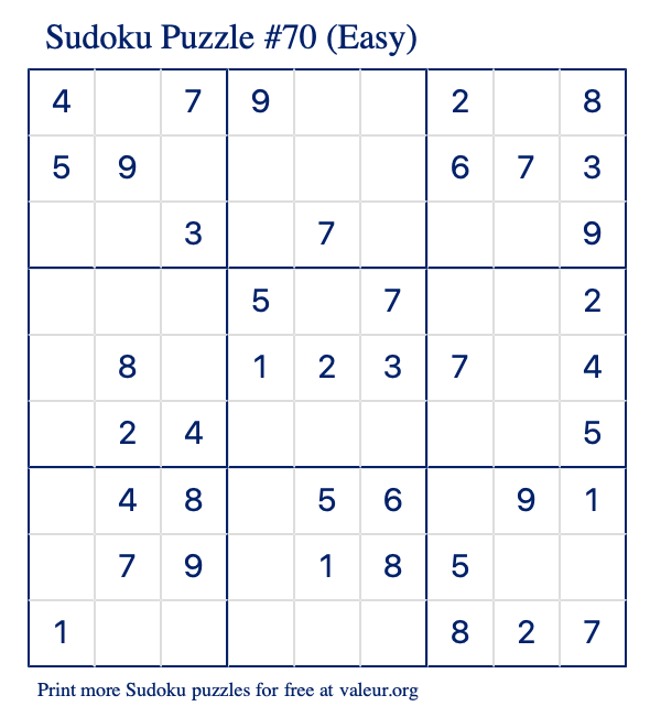 Free Printable Easy Sudoku Puzzle number 70